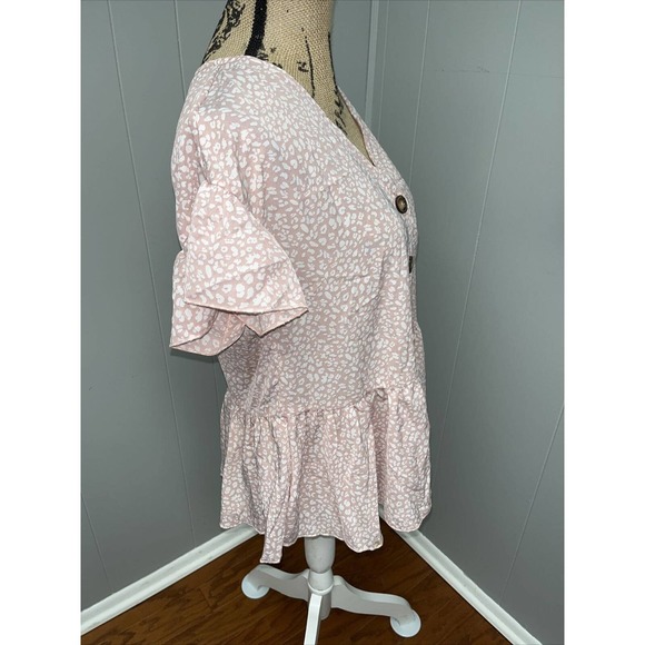 Shein Button up Blouse Size M Babydoll Pink Printed Short‎ Sleeve Top - Picture 4 of 7